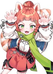 Rule 34 | 1girl, :3, :d, animal ear fluff, animal ears, arms up, bike shorts, black shorts, blush, braid, claw pose, commentary, commission, english commentary, fangs, green eyes, green scarf, highres, jacket, long sleeves, looking at viewer, mole, mole under mouth, open mouth, orange hair, pantyhose, pantyhose under shorts, puffy long sleeves, puffy sleeves, red skirt, scarf, short shorts, shorts, shorts under skirt, simple background, single leg pantyhose, skirt, smile, solo, striped tail, suspender skirt, suspenders, tail, thick eyebrows, tosyeo, v-shaped eyebrows, white background, white jacket