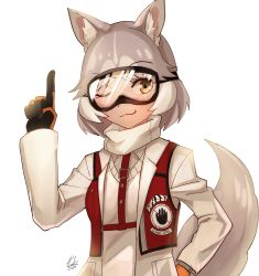 Rule 34 | 1girl, absurdres, alternate costume, animal ears, black gloves, commentary request, dog (mixed breed) (kemono friends), dog ears, dog girl, dog tail, gloves, goggles, grey hair, grey jacket, hand on own hip, harness, highres, jacket, kemono friends, kemono friends 3, kodineun haengbokhada, korean commentary, multicolored clothes, multicolored gloves, multicolored hair, one eye closed, orange gloves, photo-referenced, pointing, red vest, scarf, short hair, ski goggles, solo, sweater, tail, two-tone hair, vest, white hair, white neckwear, white sweater, yellow eyes