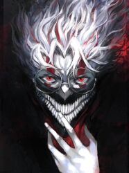 1boy alternate_form black_choker choker dandadan glasses highres mask mouth_mask red_eyes round_eyewear takakura_ken_(dandadan) tall_hair white_hair xa8uofivf2mcart