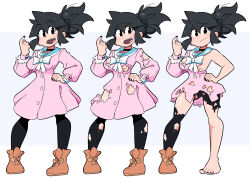 Rule 34 | 1girl, black choker, black hair, black nails, boots, bow, breasts, brown footwear, choker, dress, hand on own hip, hand up, highres, long sleeves, lucia (scott malin), medium breasts, multiple views, open mouth, original, pink dress, ponytail, scott malin, torn clothes, white bow