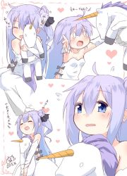 Rule 34 | 1girl, :d, ^ ^, ahoge, azur lane, bare shoulders, closed eyes, commentary, dated, detached sleeves, dress, hair bun, hand on another&#039;s head, headpat, heart, inori (xyz5568), multiple views, hugging object, open mouth, purple hair, side bun, single hair bun, single side bun, smile, strapless, strapless dress, stuffed unicorn, unicorn (azur lane), wavy mouth, white dress