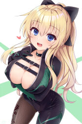 1girl :d absurdres areola_slip arm_under_breasts black_bodysuit black_choker black_ribbon blonde_hair blue_eyes blush bodysuit breasts chest_belt choker cleavage collarbone covered_erect_nipples cowboy_shot hair_ribbon heart highres kazuneko_(wktk1024) large_breasts long_hair looking_at_viewer neptune_(series) open_mouth ribbon smile solo thighs vert_(neptunia) very_long_hair