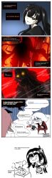 Rule 34 | 1boy, 4girls, 4koma, puff of air, absurdres, alternate language, anger vein, angry, animal ears, aperture science handheld portal device, architect (girls&#039; frontline), arrow (symbol), artist name, ascot, black eyes, bowl, cat ears, clenched teeth, comic, commander (girls&#039; frontline), commentary, cosplay, dated, display case, embers, english commentary, english text, formal, girls&#039; frontline, glados, glados (cosplay), glass container, glowing, glowing eyes, grin, hair bun, hair ornament, highres, holding, holding bowl, horns, jacket, lab coat, long hair, looking at viewer, looking back, madcore, monitor, monocle, multiple girls, off shoulder, oreo, ouroboros (girls&#039; frontline), parted lips, persica (girls&#039; frontline), pet bowl, pink hair, pointing, portal, portal (series), portal 2, potato, red suit, ruins, sailor collar, sangvis ferri, shaded face, sharp teeth, short hair, silhouette, smile, spoilers, static, suit, teeth, twintails, ump45 (girls&#039; frontline), upper body, very long hair, white hair