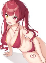 Rule 34 | 1girl, absurdres, arm support, bare arms, bare shoulders, bikini, breasts, cleavage, collarbone, halterneck, heart, heart tattoo, heterochromia, highres, hololive, hololive fantasy, houshou marine, houshou marine (summer), large breasts, leg tattoo, long hair, looking at viewer, narrow waist, navel, nyuu (pixiv12143565), red bikini, red eyes, red hair, solo, stomach, string bikini, swimsuit, tattoo, thighs, twintails, twisted torso, virtual youtuber, wide hips, yellow eyes