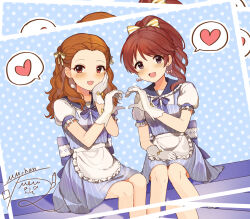 Rule 34 | 2girls, :d, apron, back bow, bangs pinned back, blue dress, blush, bow, braid, braided bangs, brown hair, candy earrings, commission, dress, earrings, food-themed earrings, forehead, gloves, hand on own cheek, hand on own face, heart, heart hands, heart hands duo, highres, idolmaster, idolmaster cinderella girls, jewelry, looking at viewer, mmmakaron888, multiple girls, open mouth, parted hair, photo (object), pinafore dress, pinstripe dress, pinstripe pattern, ponytail, puffy short sleeves, puffy sleeves, seki hiromi, shiina noriko, shirt, short dress, short sleeves, signature, sitting, skeb commission, sleeveless, sleeveless dress, smile, spoken heart, striped clothes, striped dress, vertical-striped clothes, vertical-striped dress, waist apron, white apron, white gloves, white shirt