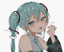 Rule 34 | 1girl, aqua eyes, aqua hair, aqua nails, aqua necktie, bare shoulders, black sleeves, claw pose, commentary, detached sleeves, fang, grey shirt, hair between eyes, hair extensions, hair ornament, hand up, hatsune miku, highres, looking at viewer, medium hair, nail polish, necktie, open mouth, shirt, simple background, sleeveless, sleeveless shirt, solo, teeth, twintails, upper body, vocaloid, vptku, white background