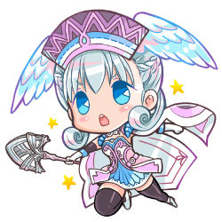 Rule 34 | 1girl, agasa (agasaillust), blue eyes, boots, breasts, cape, chibi, curly hair, dress, elbow gloves, feet out of frame, gloves, hat, head wings, high heel boots, high heels, holding, holding staff, looking at viewer, lowres, medium breasts, melia antiqua, nintendo, silver hair, simple background, staff, thigh gap, thighhighs, twintails, white background, wings, xenoblade chronicles (series), xenoblade chronicles 1