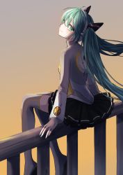 Rule 34 | 1girl, absurdres, blush, boots, fingerless gloves, from behind, gloves, green eyes, hair ornament, hatsune miku, headphones, heartbeat (module), highres, long hair, long sleeves, looking back, nagitofuu, nail polish, odds &amp; ends (vocaloid), on railing, pleated skirt, railing, sitting, skirt, smile, solo, sunset, thigh boots, twintails, very long hair, vocaloid