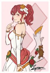 Rule 34 | 1girl, anna (bridal) (fire emblem), anna (fire emblem), bow (weapon), cm lynarc, detached sleeves, dress, fire emblem, fire emblem awakening, fire emblem heroes, flower, from side, hair between eyes, hair flower, hair ornament, highres, holding, holding bow (weapon), holding weapon, looking at viewer, nintendo, official alternate costume, ponytail, red eyes, red hair, signature, smile, solo, weapon, wedding dress, white dress