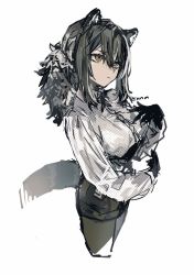 Rule 34 | 1girl, animal ears, animal hands, arknights, artist name, black gloves, black pantyhose, black shorts, brown hair, conallixxc, cowboy shot, cropped legs, cross tie, gloves, hair between eyes, long hair, pantyhose, pantyhose under shorts, ponytail, raccoon ears, raccoon girl, raccoon tail, robin (arknights), shirt, shorts, simple background, solo, tail, white background, white shirt, yellow eyes