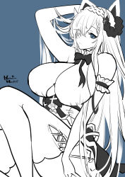 Rule 34 | 1girl, alternate costume, apron, august von parseval (azur lane), august von parseval (the conquered unhulde) (azur lane), azur lane, blue background, blue eyes, blue theme, clothing cutout, enmaided, hachimitsu hinako, hair over one eye, hand in own hair, horns, long hair, looking at viewer, maid, mechanical horns, monochrome, mouth hold, official alternate costume, shirt, simple background, solo, underboob cutout, very long hair, white apron, white shirt
