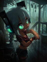 Rule 34 | + +, 1girl, absurdres, aqua eyes, aqua hair, balcony, braid, cable, chibi, digitan (porforever), electric plug, electric plug tail, fang, headphones, highres, long hair, looking at viewer, nail polish, original, porforever, rain, shorts, solo, twin braids, watch, wet, wet clothes, wringing clothes, wristwatch