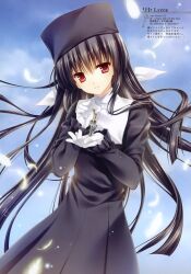 Rule 34 | 1girl, 2009, absurdres, amamiya yuuko, black dress, black hair, black headwear, blue sky, copyright name, dated, dress, ef (visual novel), falling feathers, feathers, frilled sleeves, frills, gloves, glowing feather, hair between eyes, hair ribbon, hair spread out, hands up, head tilt, highres, holding, holding key, key, long dress, long hair, long sleeves, looking at viewer, parted lips, ribbon, sidelocks, simple background, sky, smile, solo, standing, straight hair, tatekawa mako, very long hair, white gloves, white ribbon