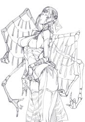 Rule 34 | 1girl, animal ears, arched back, arthropod girl, bare shoulders, braid, breasts, cowboy shot, detached sleeves, extra arms, extra eyes, closed eyes, fewer digits, greyscale, highres, large breasts, long hair, monochrome, nakamura regura, original, panties, parted lips, simple background, single braid, solo, standing, thighhighs, underwear, white background