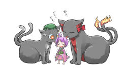 Rule 34 | 3girls, ahoge, animal ear fluff, animal ears, barefoot, black fur, blush, bow, cat, cat ears, cat tail, chamaji, chen, chen (cat), closed eyes, commentary request, crying, earrings, fiery tail, fire, flame-tipped tail, frills, full body, hat, highres, japanese clothes, jewelry, kaenbyou rin, kaenbyou rin (cat), kimono, licking, long sleeves, mini person, minigirl, mob cap, multiple girls, multiple tails, nekomata, obi, orange eyes, purple hair, sash, short hair, simple background, single earring, sitting, sukuna shinmyoumaru, tail, tongue, tongue out, touhou, translation request, trembling, two tails, white background, wide sleeves