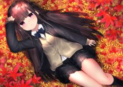 Rule 34 | 1girl, autumn leaves, black jacket, black skirt, black socks, blazer, blue bow, blurry, blurry foreground, bow, brown cardigan, brown hair, cardigan, collared shirt, commentary request, day, depth of field, dress shirt, highres, jacket, kneehighs, leaf, long hair, long sleeves, looking at viewer, lying, maple leaf, neku (neku draw), on back, open clothes, open jacket, original, outdoors, parted lips, plaid, plaid skirt, pleated skirt, red eyes, school uniform, shirt, skirt, sleeves past wrists, socks, solo, very long hair, white shirt