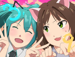 Rule 34 | &gt;:3, 10s, 2girls, 39, :3, :d, animal ears, aqua hair, black ribbon, blush, brown hair, cat ears, commentary request, crossover, double v, closed eyes, fang, green eyes, hair ribbon, hatsune miku, highres, idolmaster, idolmaster cinderella girls, kemonomimi mode, long hair, looking at another, maekawa miku, multiple girls, name connection, open mouth, paw pose, ribbon, short hair, smile, sweatdrop, twintails, v, v-shaped eyebrows, vocaloid