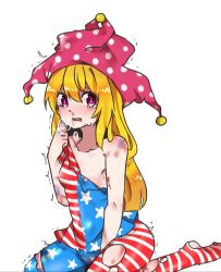 Rule 34 | 1girl, american flag dress, american flag legwear, anteti ba, bare arms, bare shoulders, blonde hair, blue dress, blue pantyhose, blush, breasts, bruise, chinese commentary, clownpiece, commentary request, dress, fang, hair between eyes, hand up, hat, injury, jester cap, long hair, looking at viewer, no shoes, open mouth, pantyhose, polka dot, polka dot headwear, purple eyes, red dress, red pantyhose, short dress, simple background, sitting, small breasts, solo, star (symbol), striped clothes, striped dress, striped pantyhose, tears, thighs, torn clothes, torn dress, torn pantyhose, touhou, trembling, wariza, white background, white dress, white pantyhose