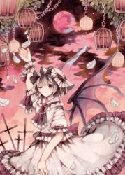 Rule 34 | 1girl, ascot, bad id, bad pixiv id, bat wings, birdcage, blue hair, brooch, cage, chain, cloud, cross, feathers, frilled skirt, frills, full moon, gradient background, hat, highres, jewelry, looking at viewer, marker (medium), mob cap, moon, namakuby, one eye closed, painting (medium), red eyes, red moon, remilia scarlet, sash, short hair, short sleeves, skirt, skirt set, solo, touhou, traditional media, watercolor (medium), wings, wrist cuffs