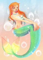 Rule 34 | bikini, bikini top only, breasts, cleavage, earrings, highres, himerinco, jewelry, large breasts, long hair, mermaid, monster girl, nami (one piece), narrow waist, necklace, one piece, open mouth, orange eyes, orange hair, pearl necklace, solo, swimsuit, tattoo
