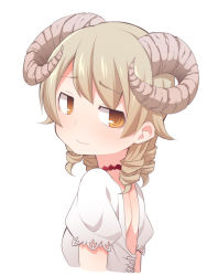 Rule 34 | 1girl, bad id, bad pixiv id, blush, breasts, brown eyes, closed mouth, cropped torso, curled horns, horns, idolmaster, idolmaster cinderella girls, light brown hair, long hair, looking at viewer, looking to the side, morikubo nono, puffy short sleeves, puffy sleeves, ringlets, sheep horns, shirt, short sleeves, simple background, small breasts, solo, uccow, white background, white shirt