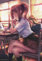 Rule 34 | 1girl, absurdres, breasts, chair, classroom, closed mouth, clothes around waist, crossed legs, desk, hair ornament, hanikami kanojo, highres, holding, indoors, lips, long hair, looking at viewer, mechanical pencil, medium breasts, myouga satsuki, pencil, piromizu, ponytail, scan, school desk, short sleeves, simple background, skirt, socks, sweater, sweater around waist, thighs, window, x hair ornament