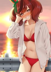 Rule 34 | 1girl, alternate costume, animal ears, bikini, blurry, blurry background, blush, breasts, brown hair, cleavage, ear covers, grey eyes, guard rail, halterneck, hand in own hair, hand up, highres, horizon, horse ears, horse girl, horse tail, jacket, long sleeves, looking at viewer, matsuda oruta, medium breasts, medium hair, multicolored hair, navel, nice nature (umamusume), nose blush, open clothes, open jacket, red bikini, solo, standing, streaked hair, sunset, swimsuit, tail, twintails, umamusume, white jacket