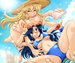 Rule 34 | 2girls, barefoot, bikini, blonde hair, blue hair, bottle, breasts, brown eyes, cameltoe, cleavage, drink, closed eyes, fang, frilled bikini, frills, glasses, hat, large breasts, lens flare, light rays, long hair, lotion, lotion bottle, multiple girls, navel, open mouth, original, perspective, ranbu hararin, straw hat, sunbeam, sunlight, sunscreen, swimsuit