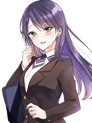 Rule 34 | :d, bag, blush, breasts, brown jacket, collared shirt, commentary request, dress shirt, green eyes, hand up, highres, ice cream kanojo, jacket, kawai miruku, kuune rin, long hair, long sleeves, looking at viewer, medium breasts, open mouth, parted bangs, purple hair, school bag, shirt, simple background, smile, solo, upper body, white background, white shirt
