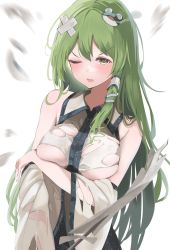 Rule 34 | 1girl, 258n, absurdres, bare shoulders, blush, breasts, detached sleeves, frog hair ornament, gohei, green hair, hair between eyes, hair ornament, highres, japanese clothes, kochiya sanae, large breasts, long hair, nontraditional miko, one eye closed, open mouth, snake hair ornament, solo, torn clothes, touhou, upper body, white sleeves, wide sleeves, yellow eyes
