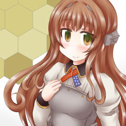 Rule 34 | 1girl, armor, blush, breastplate, brown hair, commentary request, flag print, green eyes, grey shirt, hand on own chest, headgear, helena (kancolle), honeycomb (pattern), honeycomb background, kantai collection, long hair, long sleeves, military, military uniform, ouno (nounai disintegration), ribbon, shirt, smile, solo, star (symbol), uniform, upper body