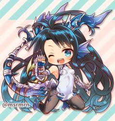 Rule 34 | 1girl, ;d, arm up, armpits, bad id, bad pixiv id, bare shoulders, black hair, black pantyhose, blue eyes, blue footwear, blue gloves, blue hair, blush, breasts, china dress, chinese clothes, commentary request, diagonal stripes, dragon girl, dragon horns, dragon tail, dress, fingerless gloves, fins, gauntlets, gloves, gradient hair, head fins, horns, karin (p&amp;d), kneeling, long hair, looking at viewer, mashiro miru, medium breasts, multicolored hair, one eye closed, open mouth, pantyhose, puzzle &amp; dragons, ribbon, shoes, sleeveless, sleeveless dress, smile, solo, spikes, striped, striped background, tail, tail ornament, tail ribbon, twitter username, very long hair, white dress, white ribbon