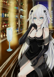 Rule 34 | 10s, 1girl, absurdres, alternate costume, bar (place), black gloves, black heart (neptunia), blue eyes, champagne flute, cup, drinking glass, gloves, highres, honke ganso, long hair, looking at viewer, neptune (series), noire (neptunia), solo, white hair, wine glass