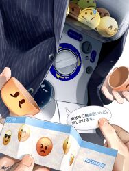 Rule 34 | absurdres, angry, buttons, commentary request, emoji, fingernails, gashapon, highres, holding, jacket, original, out of frame, signature, speech bubble, suit jacket, translation request, utsusemi rari