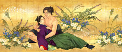 Rule 34 | 2boys, bare pectorals, black hair, brown hair, chonmage, collarbone, couple, eye contact, facial hair, flower, gan (ganritu), green hakama, hakama, hakama skirt, hand on own chest, hand up, highres, holding person, japanese clothes, kimono, looking at another, lying, lying on lap, male focus, multiple boys, on back, on ground, original, parted hair, parted lips, pectorals, ponytail, purple kimono, realistic, topless male, short hair, sidelocks, sitting, skirt, stubble, tabi, topknot, wide sleeves, yaoi