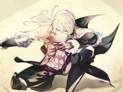 Rule 34 | 1boy, beroring, boots, butler, dagger, fire emblem, fire emblem fates, gloves, jakob (fire emblem), knife, long hair, low ponytail, male focus, nintendo, solo, weapon, white hair, yellow eyes
