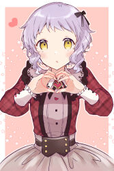 Rule 34 | 1girl, :o, black bow, blush, bow, buttons, checkered clothes, checkered shirt, commentary request, dot nose, flat chest, grey skirt, hair bow, hands up, heart, heart hands, highres, idolmaster, idolmaster million live!, lace-trimmed collar, lace trim, long sleeves, looking at viewer, makabe mizuki, pink background, purple hair, rcop o, red shirt, shirt, short hair, sidelocks, skirt, solo, wavy hair, yellow eyes
