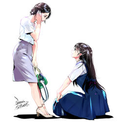 Rule 34 | bag, black hair, blouse, breasts, chinese commentary, commentary request, dated, dress, ejami, from side, holding, holding bag, long hair, multiple girls, office lady, open mouth, original, pinafore dress, shirt, shirt tucked in, signature, simple background, sitting, skirt, sleeveless dress, smile, standing, uniform, white background, white shirt
