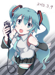 Rule 34 | 10s, 1girl, 39, 2013, aqua eyes, aqua hair, character name, dated, detached sleeves, hatsune miku, highres, long hair, microphone, mku, necktie, open mouth, skirt, solo, striped, striped background, thighhighs, twintails, very long hair, vintage microphone, vocaloid