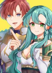 Rule 34 | 1boy, 1girl, :d, aqua hair, armor, blue eyes, bow, breastplate, breasts, brown hair, chloe (fire emblem), cleavage, commentary request, couple, edamameoka, fire emblem, fire emblem: thracia 776, fire emblem engage, gloves, green eyes, hair bow, hetero, highres, index finger raised, large breasts, leif (fire emblem), long hair, looking at viewer, nintendo, open mouth, orange bow, short hair, shoulder armor, simple background, smile, upper body, very long hair, white gloves, yellow background