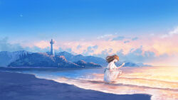 Rule 34 | 1girl, absurdres, barefoot, beach, blue sky, bottle, brown eyes, brown hair, cloud, commentary request, crescent moon, dress, evening, floating hair, highres, holding, holding bottle, landscape, lighthouse, long hair, message in a bottle, moon, mountain, ocean, original, outdoors, scenery, shuu illust, sky, solo, squatting, sunset, tree, waves, white dress