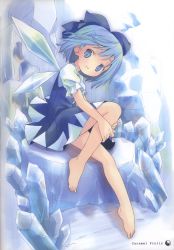 Rule 34 | 1girl, absurdres, barefoot, blue dress, blue eyes, blue hair, cirno, dress, fairy, full body, hair ornament, hair ribbon, highres, ice, ice wings, looking at viewer, matching hair/eyes, parted lips, pop, puffy sleeves, ribbon, scan, short hair, short sleeves, sitting, solo, touhou, wings