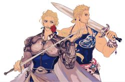 Rule 34 | 2boys, amano yoshitaka (style), armor, blonde hair, blue eyes, blue tank top, brothers, cape, edgar roni figaro, final fantasy, final fantasy vi, flower, flower on mouth, greatsword, holding, holding sword, holding weapon, long hair, low ponytail, sabin rene figaro, medal, multiple boys, muscular, muscular male, oju (ouka), ponytail, red flower, red rose, rose, sash, short hair, siblings, square enix, sword, tank top, weapon
