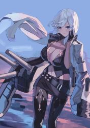Rule 34 | 1girl, absurdres, azur lane, black gloves, blue eyes, breasts, cannon, cleavage, gloves, half gloves, highres, jacket, jacket on shoulders, large breasts, maanu, machinery, military jacket, miniskirt, mole, mole on breast, overall skirt, rigging, silver hair, skirt, thighhighs, turret, washington (azur lane)
