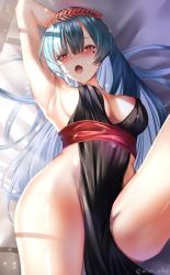 Rule 34 | 1girl, absurdres, alternate costume, arm behind back, arm behind head, armpits, artist name, azur lane, black dress, blue hair, blush, breasts, commission, covered erect nipples, dress, facial mark, facial tattoo, highres, large breasts, leg up, long hair, looking at viewer, lying, marco polo (azur lane), misa pika, on back, open mouth, pixiv commission, red eyes, sideboob, simple background, solo, tattoo, thighs, tongue, world of warships, wreath