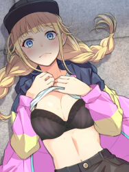 Rule 34 | 1girl, baseball cap, black bra, black hat, blue eyes, blunt bangs, blush, bra, braid, breasts, cleavage, closed mouth, clothes lift, coat, female focus, hat, highres, kanden sky, large breasts, lifting own clothes, long hair, long sleeves, looking at viewer, lying, navel, on back, on ground, open clothes, open coat, paripi koumei, pink coat, polka dot, polka dot bra, shirt lift, solo, tsukimi eiko, twin braids, underwear, upper body