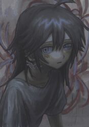 Rule 34 | 1other, brown hair, brown theme, earrings, expressionless, grey eyes, highres, jewelry, looking at viewer, original, shirt, solo, t-shirt, yuutsu (umrs8555)