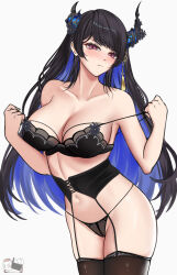 Rule 34 | 1girl, alternate costume, asymmetrical horns, bare shoulders, black bra, black hair, black panties, black thighhighs, blue hair, blush, bra, breasts, cleavage, collarbone, colored inner hair, demon horns, dynorz, garter straps, hair ornament, highres, hololive, hololive english, horns, large breasts, lingerie, long hair, looking at viewer, mole, mole under eye, multicolored hair, navel, nerissa ravencroft, panties, red eyes, see-through, see-through bra, solo, thighhighs, thighs, two-tone hair, underwear, underwear only, uneven horns, virtual youtuber, white background
