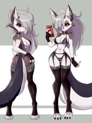 Rule 34 | 1girl, absurdres, animal ears, animal feet, animal nose, ass, bare shoulders, black bra, black panties, black thighhighs, body fur, bra, breasts, claws, cleavage, closed mouth, collar, colored sclera, full body, furry, furry female, helluva boss, highres, lingerie, loona (helluva boss), lucyfer, medium breasts, navel, panties, red sclera, snout, solo, spiked collar, spikes, tail, thighhighs, two-tone fur, underwear, wolf ears, wolf girl, wolf tail