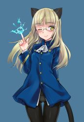 Rule 34 | 1girl, animal ears, aohashi ame, ascot, black pantyhose, blonde hair, blue background, blue jacket, blunt bangs, cat ears, cat tail, closed mouth, commentary request, cowboy shot, electricity, glasses, highres, jacket, long hair, long sleeves, looking at viewer, military, military uniform, no pants, panties, panties under pantyhose, pantyhose, perrine h. clostermann, shirt, simple background, smile, solo, standing, strike witches, tail, thigh gap, underwear, uniform, white ascot, white shirt, world witches series, yellow eyes